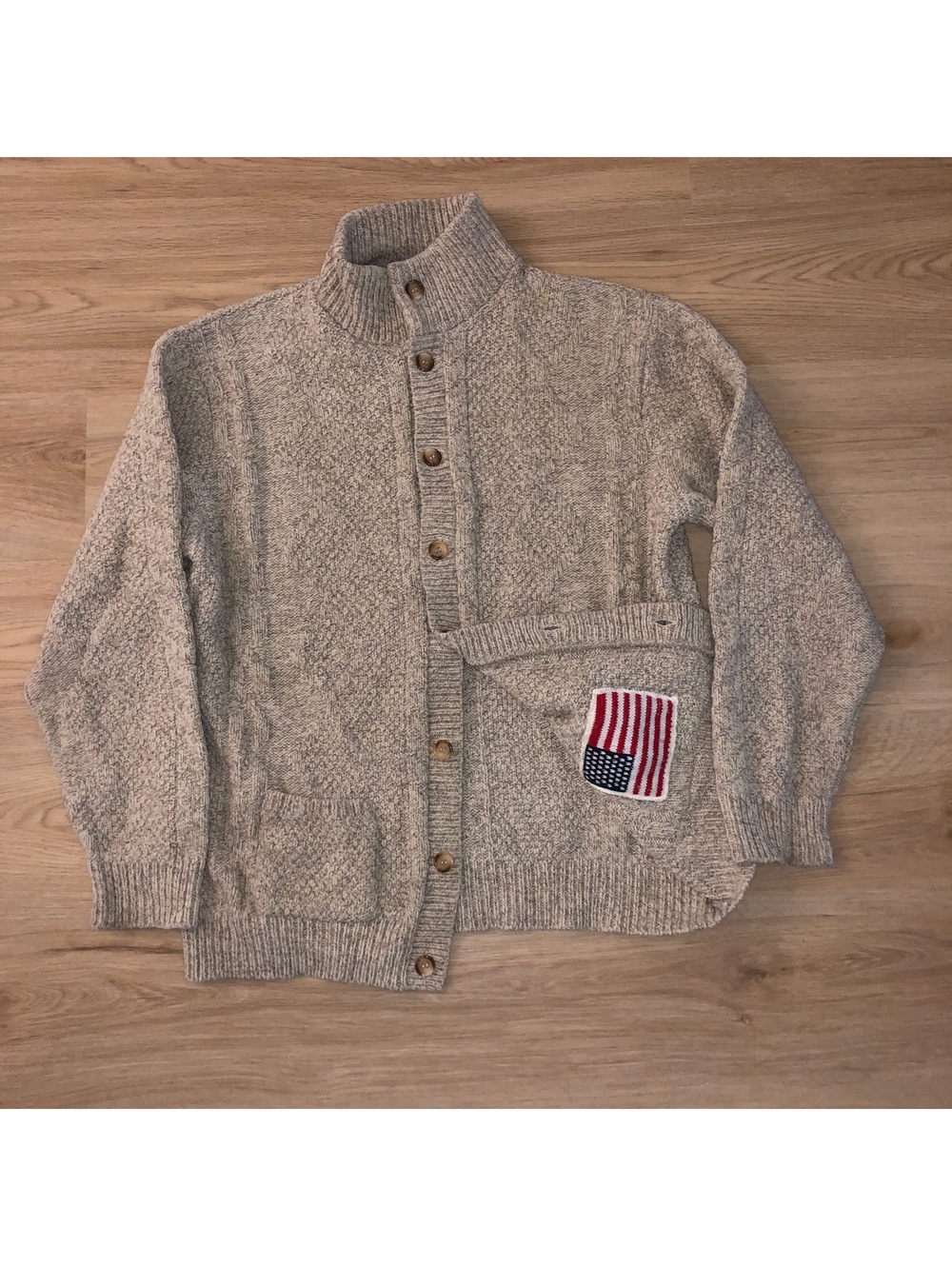VINTAGE WHALER KNITS FISHERMAN CARDIGAN SWEATER BUTTON AMERICAN FLAG UNISEX L